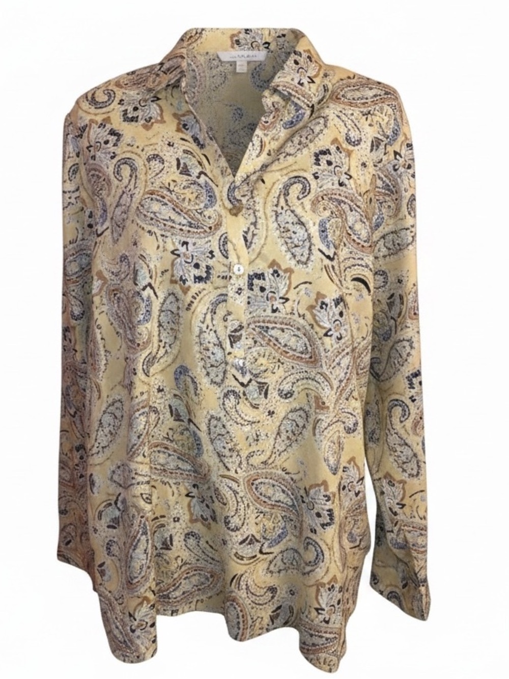 J. JILL Blouse Paisley Roll Tab Sleeve Popover Top Yellow Size Large